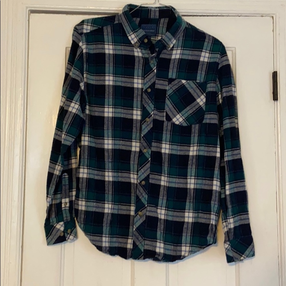 Navy and green plaid button up